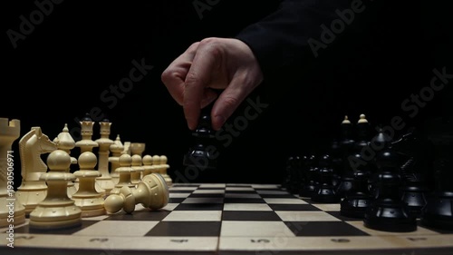 Chess pieces in close-up on a black background are facing each other. The player's hand in close-up makes a move with a pawn