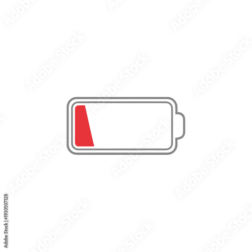 Low Battery Level Indicator Icon with Red Critical Charge Status on White Background Vector Design.