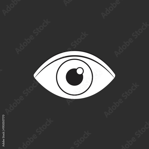 Minimalist White Eye Vision Icon for Monitoring and Surveillance on Black Background Vector Design.