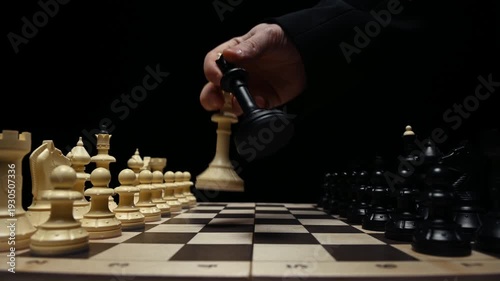 A close-up hand moves a black king chess piece to the center of a black chessboard