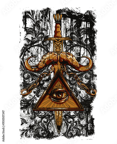 Mystical Occult Illustration of All-Seeing Eye in Triangle with Sword, Horns, and Chains, Dark Grungy Esoteric Artwork for Streetwear and Gothic Graphic Design