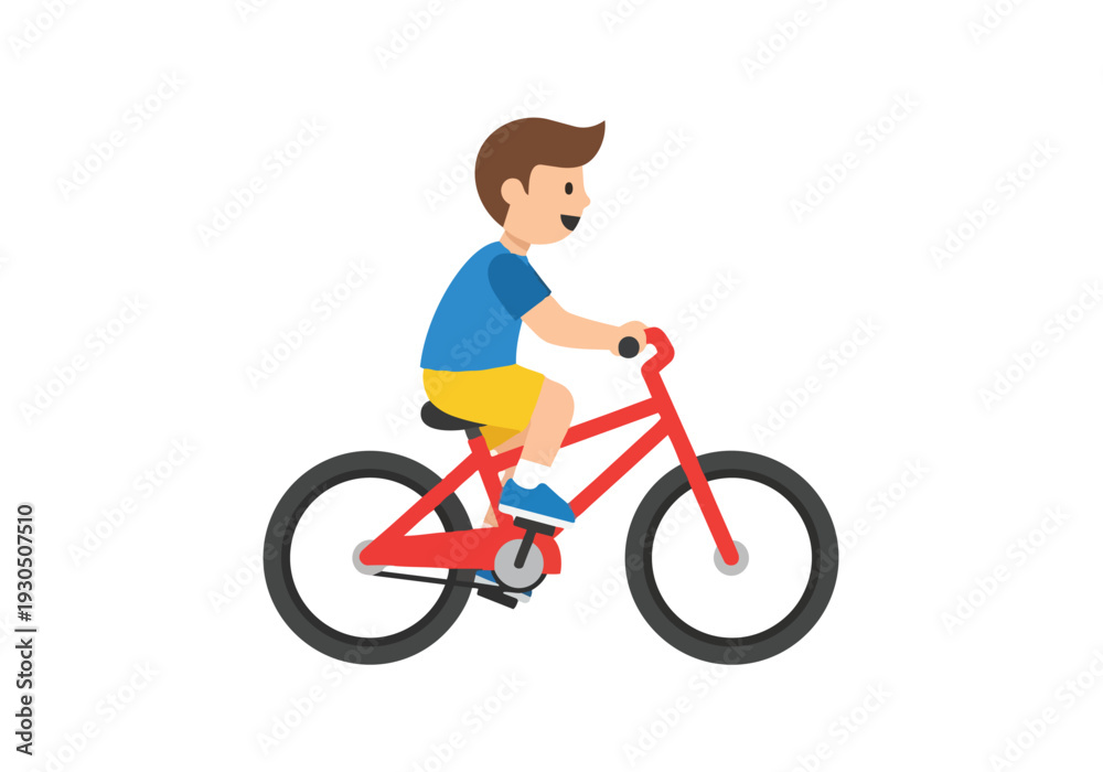 Fototapeta premium Boy riding red bicycle isolated white background