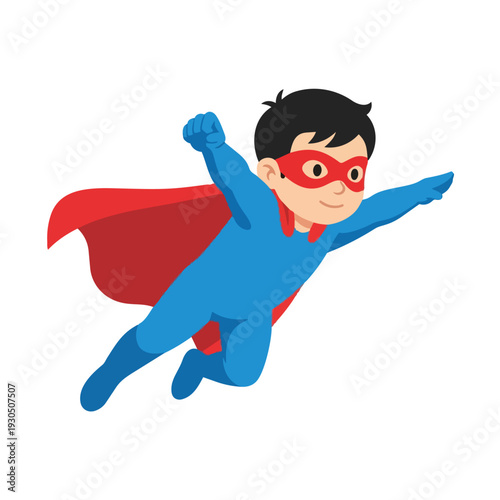 Superhero boy flying with red cape isolated white background