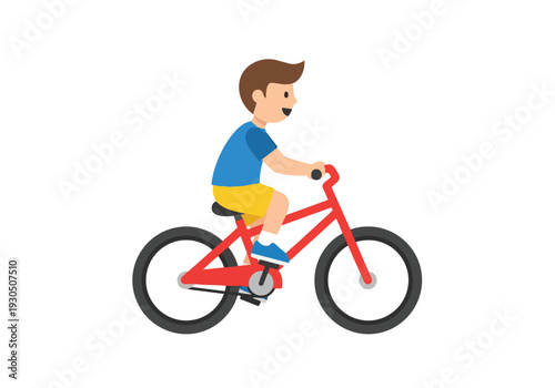 Boy riding red bicycle isolated white background