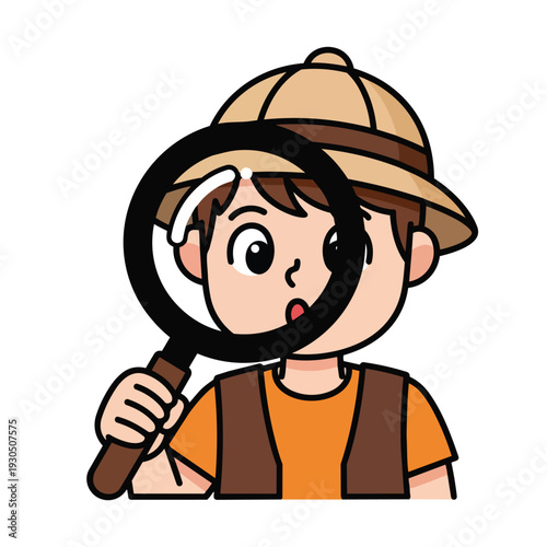 Curious child explorer with hat and magnifying glass isolated white background