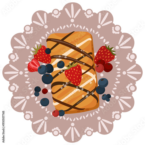 Flat vector illustration of sweet glazed pastry topped with strawberries, blueberries and cranberries on decorative plate. Perfect for bakery branding, cafe menu design, dessert promotion, packaging
