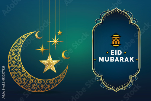 Abstract Islamic Eid Mubarak greeting banner with golden moon.