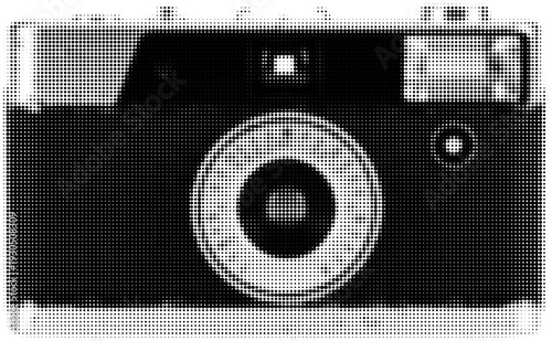 Vintage Compact Camera Isolated in Black and White Halftone Collage Element for Retro Pop Art Design