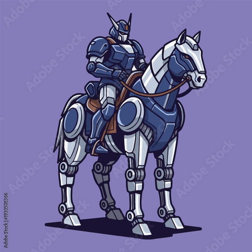A futuristic robotic knight in shining armor rides a mechanical steed on a purple background, evoking themes of science fiction and fantasy