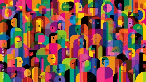 Vibrant Geometric Crowd Abstract Diversity and Joyful Community Illustration