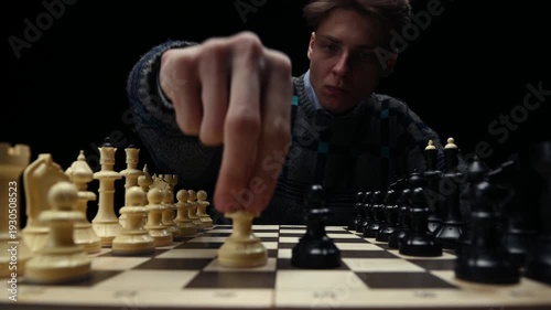 A young man is sitting in front of a chessboard with pieces and thinking about the next move. The chess player is assessing the risks before making the first move. A thoughtful chess player