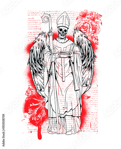 Gothic Horror Illustration of a Winged Skeleton Priest in Clerical Vestments with Crozier, Macabre Religious Art with Red Splatter and Vintage Newspaper Background