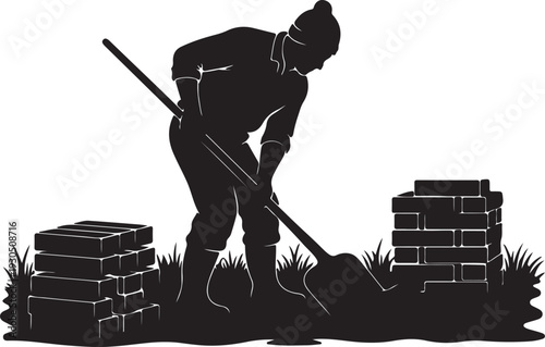 A silhouette of a person planting with a shovel isolated on transparent background
