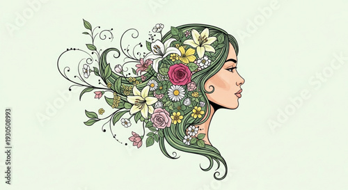 Woman with long green hair and colorful flowers in hair profile view on light green background