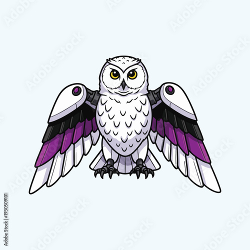 Vibrant vector illustration of a majestic white owl, featuring distinctive purple, black, and gray wings, embodying a unique and creative spirit in graphic art