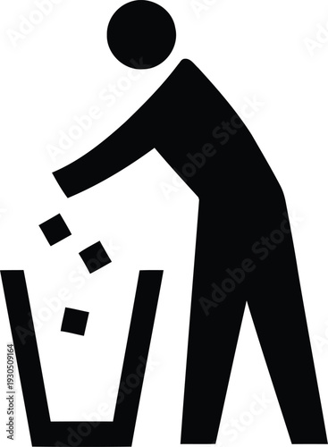 Silhouette pictogram of a person throwing trash into a bin for cleanliness and disposal sign
