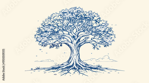 Stylized big tree with spreading roots and leaves drawing