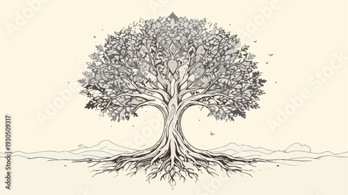 Tree of life with spreading roots and branches symbolizing growth