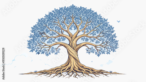Tree of life with spreading roots and blue leaves