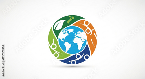 Earth globe with green orange blue and white swirling eco friendly design elements