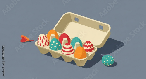 Colorful easter eggs in carton box with one egg rolling away on gray background