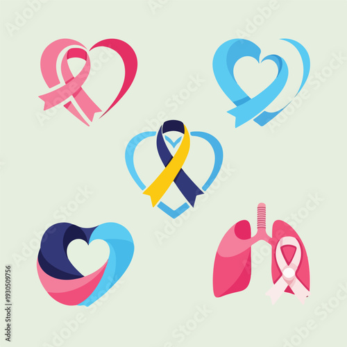 Awareness ribbon heart symbols for health and support