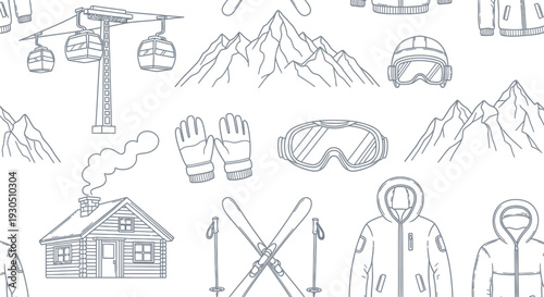 Seamless Pattern of Winter Gear and Mountain Recreation Elements with Ski Lodge and Goggles, outdoors.