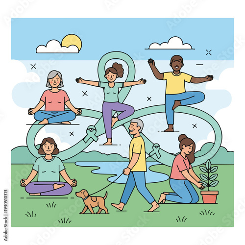 Diverse people practicing yoga outdoors in a serene natural setting