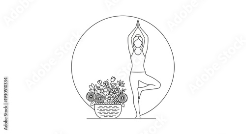 Woman gracefully practicing tree yoga pose next to a basket of blooming flowers, within a circular frame, on an isolated white background.