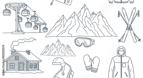 Winter mountain landscape with ski resort elements including cabin, ski lift, and sports gear.