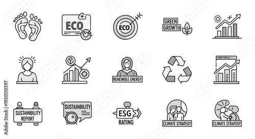 Set of Eco Sustainability and Green Growth Line Icons for Environmental Concepts in bright studio