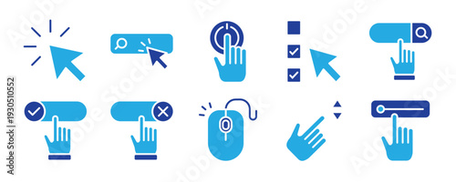 Pointer and Cursor icon set. Containing Touch Gesture, Selection, Computer Mouse, Arrow, Finger, Thumb, Touch Screen, and more. Outline Icon Collection. Editable stroke. Vector illustration