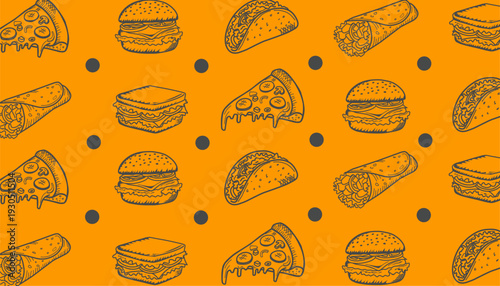 Fast Food Seamless Pattern. Burger Pizza Taco Kebab Motif. Hand Drawn Outline Illustration. Monochrome And Color Variations. Packaging Textile Background Design.