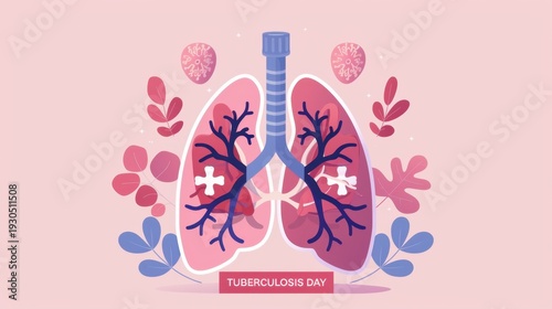 Illustration of human lungs with decorative elements. The design features pink and purple colors, with symbols representing tuberculosis awareness.