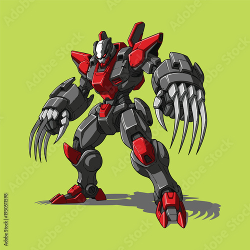 Dynamic illustration of a powerful futuristic combat robot, a formidable mechanical warrior with sleek red and gray armor and menacing clawed hands, ready for battle