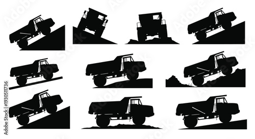 Dump truck tipping action silhouette illustration