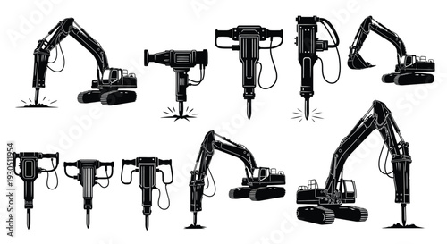 Hydraulic breaker excavator silhouette illustration