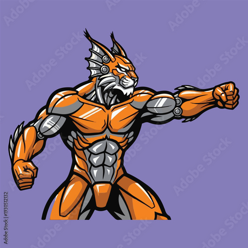 Dynamic cybernetic bobcat character illustration with a powerful stance, showcasing strength and futuristic design, perfect for sports mascots or gaming themes