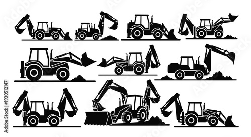 Backhoe Loader Silhouette Vector Set Illustration