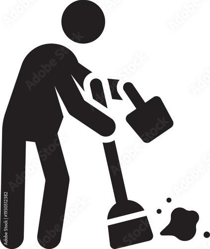 Silhouette pictogram of a person sweeping the floor with a broom and dustpan