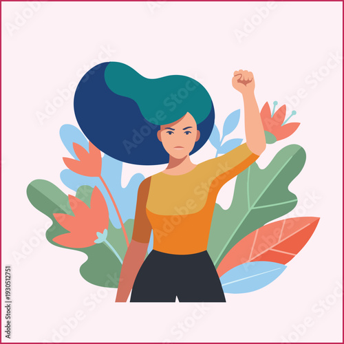 Confident Woman Raising Fist in Power Pose: Feminism and Activism Vector Illustration.