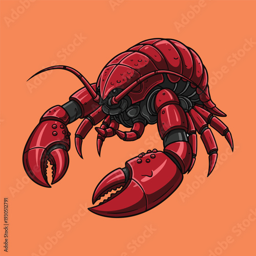 Detailed illustration of a striking red lobster with large claws, set against a simple orange background