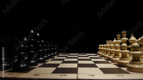 Black and white chess pieces are lined up opposite each other on a chessboard on a black background. The light gradually shines on them and then disappears, creating a dimming effect