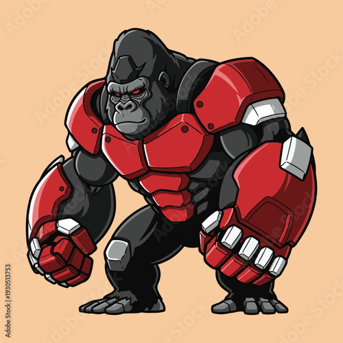 Mighty armored gorilla character with red metallic plating and powerful stance, a strong and aggressive primate mascot illustration for sports or gaming