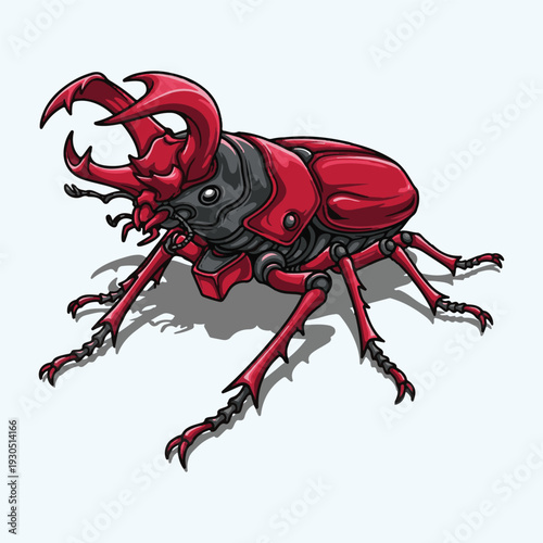 Dynamic Red Armored Beetle Illustration Featuring Intricate Mandibles and a Robust Exoskeleton, a Stylized Graphic Concept of Formidable Strength