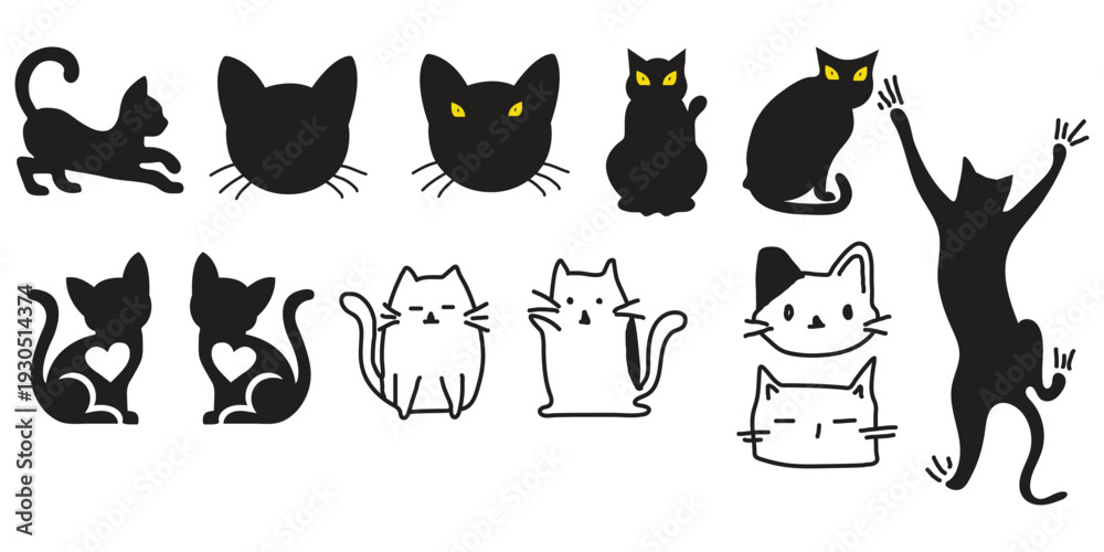 Obraz premium Collection of diverse cartoon cat silhouettes and illustrations, Collection of cat silhouettes in various poses isolated on background