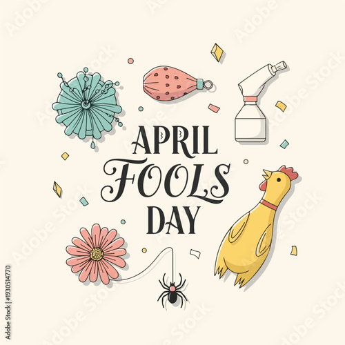 April Fools Day playful illustration with chicken prank items