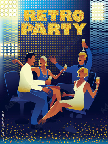 A cheerful stylish fashionable group of young people with glasses of champagne relaxes at a retro-style party. Retro party invitation card. Handmade drawing vector illustration. Art Deco style.