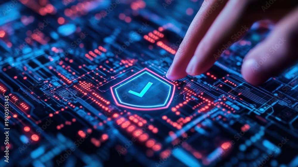 Obraz premium Finger touches security icon on circuit board