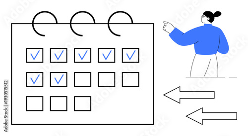 Time management, task organization, productivity, schedule planning, decision-making, workflow optimization. A calendar with checkmarks and arrows, a person pointing to it. Time management and task
